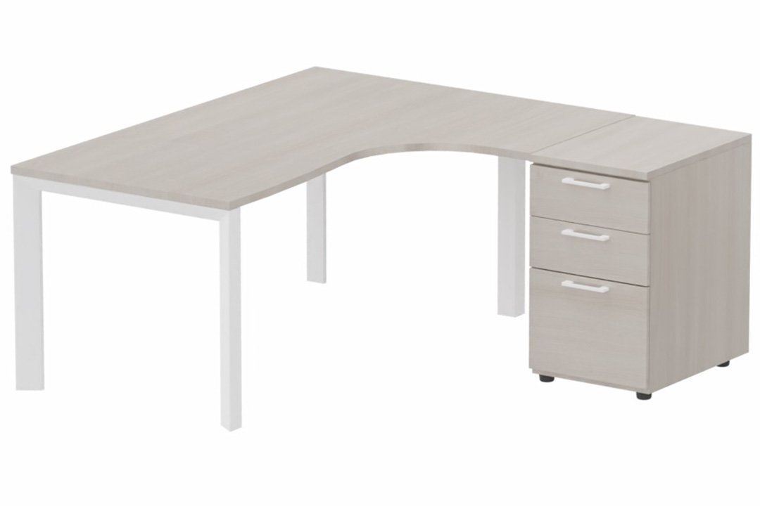Plan Compact 90° asymétrique 160x162x80/60cm retour à droite avec caisson HB bois 3 tiroirs, plateau acacia, structure blanc