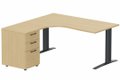 k1 Poutre - Plan compact 90° asymétrique 180x162x80 / 60cm avec caisson HB bois 3 tiroirs - retour à gauche -Finitions : PLATEAUX: CHENE (CE) / PIETEMENTS: ANTHRACITE (AN) / CAISSONS MELAMINE: CHENE (CE)