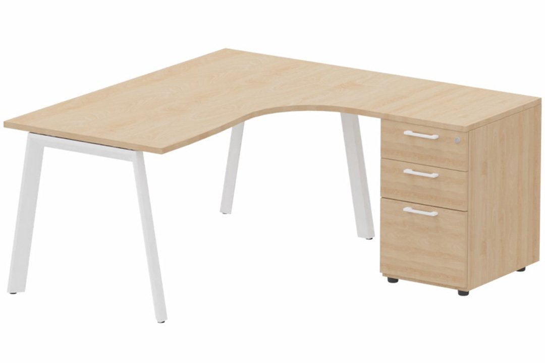 Plan compact 90° asymétrique avec caisson HB bois 160 x 162 x 80 / 60 cm, 3 tiroirs, plateau hêtre, structure blanc