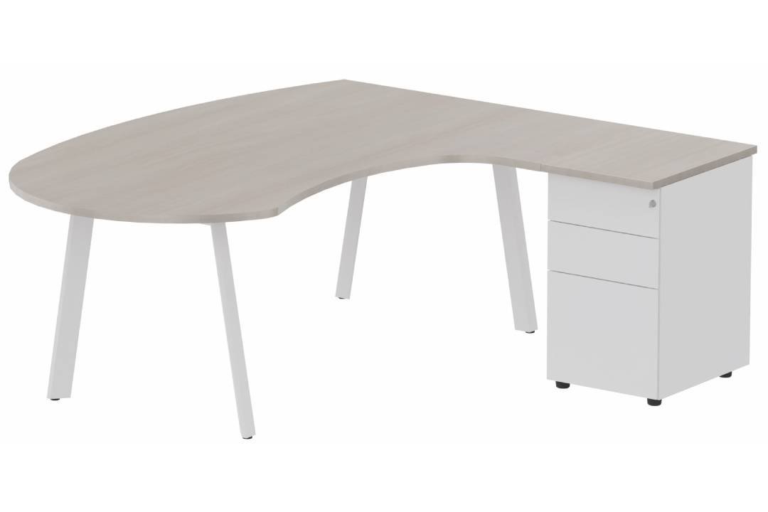 Plan compact 90° manager sur caisson HB métal 190 x 141 x 104 x 60 cm, 3 tiroirs, plateau acacia, structure blanc