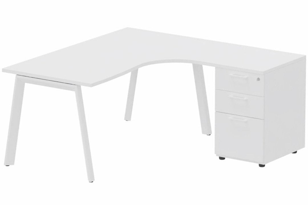 Plan compact 90° asymétrique avec caisson HB bois 160 x 162 x 80 / 60 cm, 3 tiroirs, plateau blanc, structure blanc