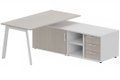 K8 Plan 200x100 avec meuble porteur (L180xP64) avec caisson 3T intégré - meuble à droite - Finitions = Plateau et top de finition : Acacia /Piétement :Blanc (BL) / Corps du meuble : Blanc /Façade : Acacia