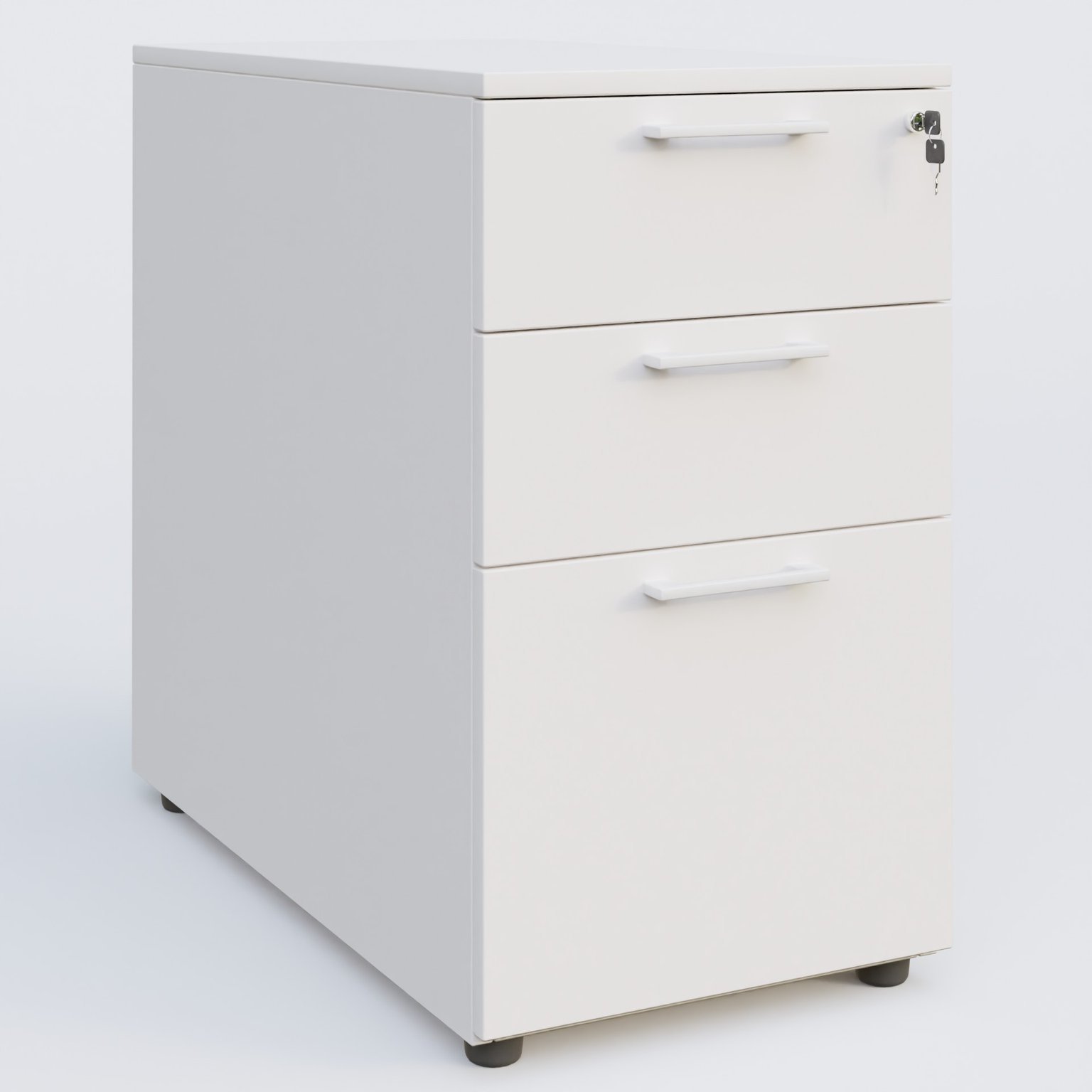 Caisson hauteur de bureau mélamine 3 tiroirs, profondeur 60cm. Caisson Blanc et poignets Blanc.