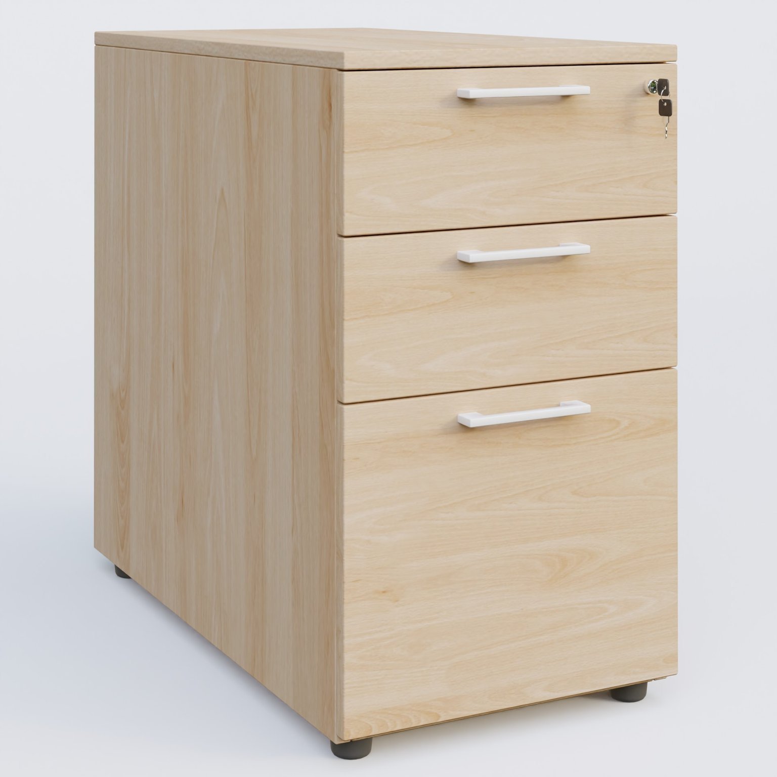 Caisson hauteur de bureau mélamine 3 tiroirs, profondeur 60cm. Caisson Hêtre et poignets Blanc.