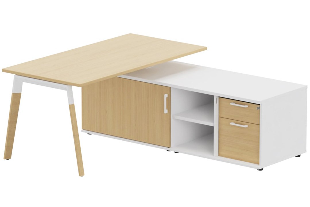 K8Wood Plan 200x100 avec meuble porteur (L180xP64) avec caisson 2T dont 1 DS intégré - meuble à droite - Finitions = Plateau : Chêne / Piétement : Blanc / Bois (BW) / Corps d'armoire: Blanc (BL) / Façade: Chêne