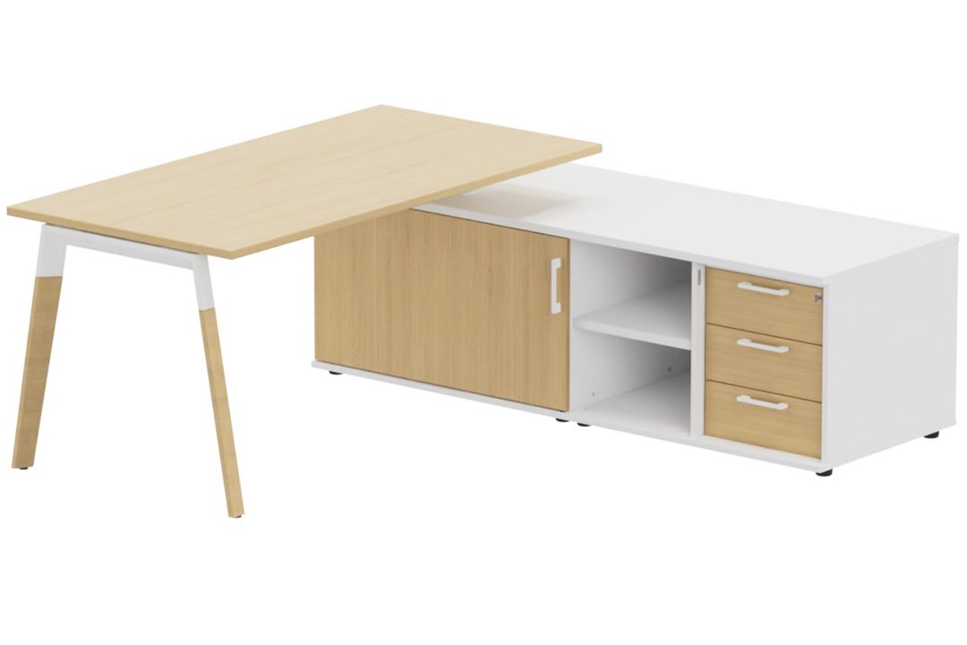 K8Wood Plan 200x100 avec meuble porteur (L180xP64) avec caisson 3T intégré - meuble à droite -Finitions = Plateau : Blanc (BL) /Piétement : Blanc / Hetre (BW) / Corps d'armoire: Blanc (BL) / Façade: Chêne