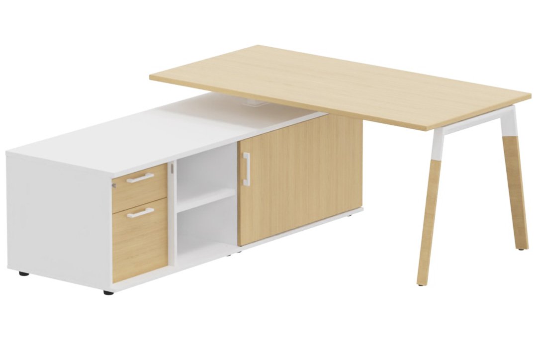 K8Wood Plan 160x80 avec meuble porteur (L180xP64) avec caisson 2T dont 1 DS intégré - meuble à gauche -Finitions = Plateau: chêne /Piétement : Blanc / bois (BW) / Corps d'armoire: Blanc (BL)/ Façade : chêne