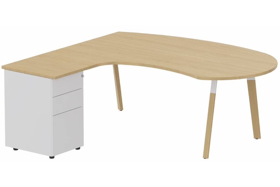 K8Wood Plan compact 90° asymétrique Manager 190x183x104x60cm avec caisson HB métal 3 tiroirs - retour à gauche - plateau chêne, piétement blanc / bois