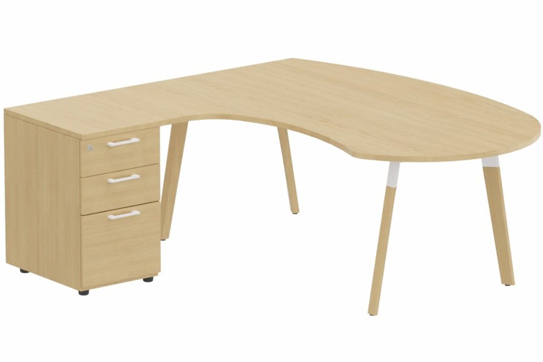 K8Wood Plan compact 90° asymétrique Manager 190x183x104/60cm avec caisson HB bois 3 tiroirs - retour à gauche - plateau chêne, piétement blanc / bois