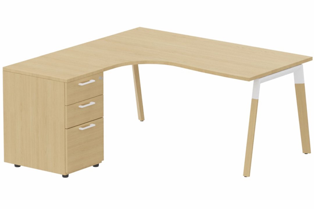 K8Wood Plan compact 90° asymétrique 160x162x80/60cm avec caisson HB bois 3 tiroirs - retour à gauche - plateau blanc, piétement blanc / bois