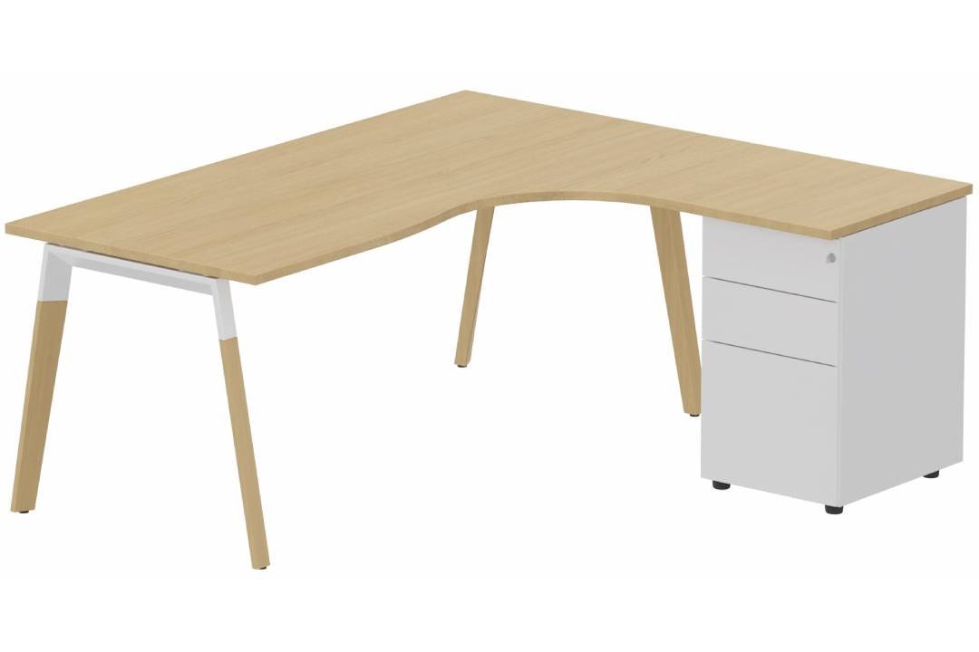 K8Wood Plan compact 90° asymétrique 160x162x80/60cm avec caisson HB métal 3 tiroirs - retour à droite -Finitions = Plateau et top de finition : chêne /Piétements : Blanc / bois (BW) / Caisson: Blanc (BL)