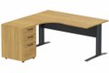 K1 Voile de fond Métal - Plan compact 90° asymétrique 180x162x80/60cm avec caisson HB bois 3 tiroirs - retour à gauche -Finitions : PLATEAUX: NOYER (NO) / PIETEMENTS: ANTHRACITE (AN) / CAISSONS MELAMINE: NOYER (NO)