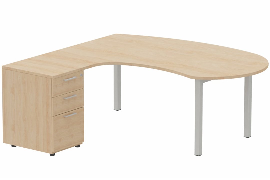K3 compact 90° manager 190x141x104x60cm sur caisson HB mélamine 3 tiroirs, plateau hêtre, structure aluminium