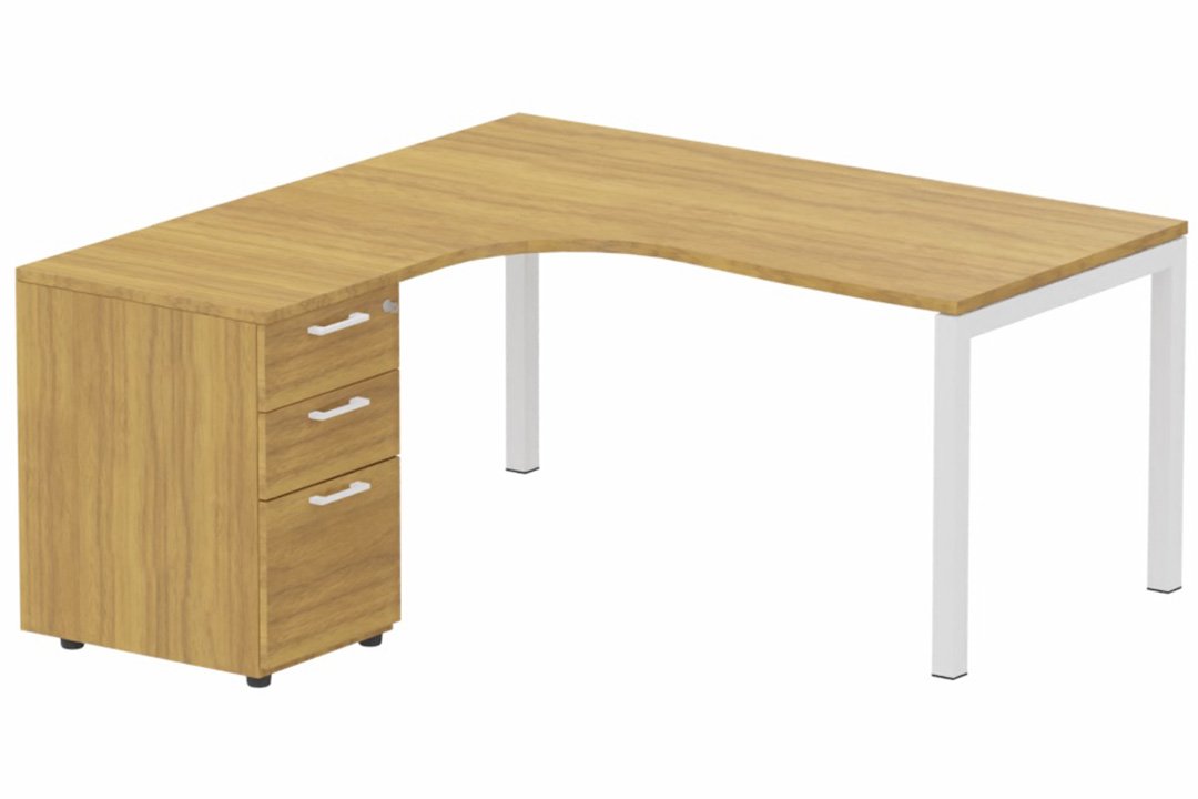 K3 Compact 90° asymétrique 160x162x80/60cm retour à gauche avec caisson HB bois 3 tiroirs noyer/ blanc