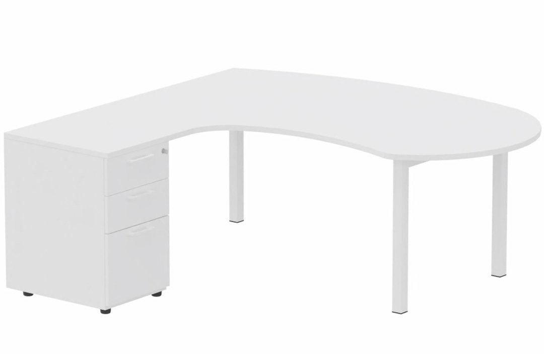 K3 compact 90° manager 190x141x104x60cm sur caisson HB mélamine 3 tiroirs, plateau blanc, structure blanc