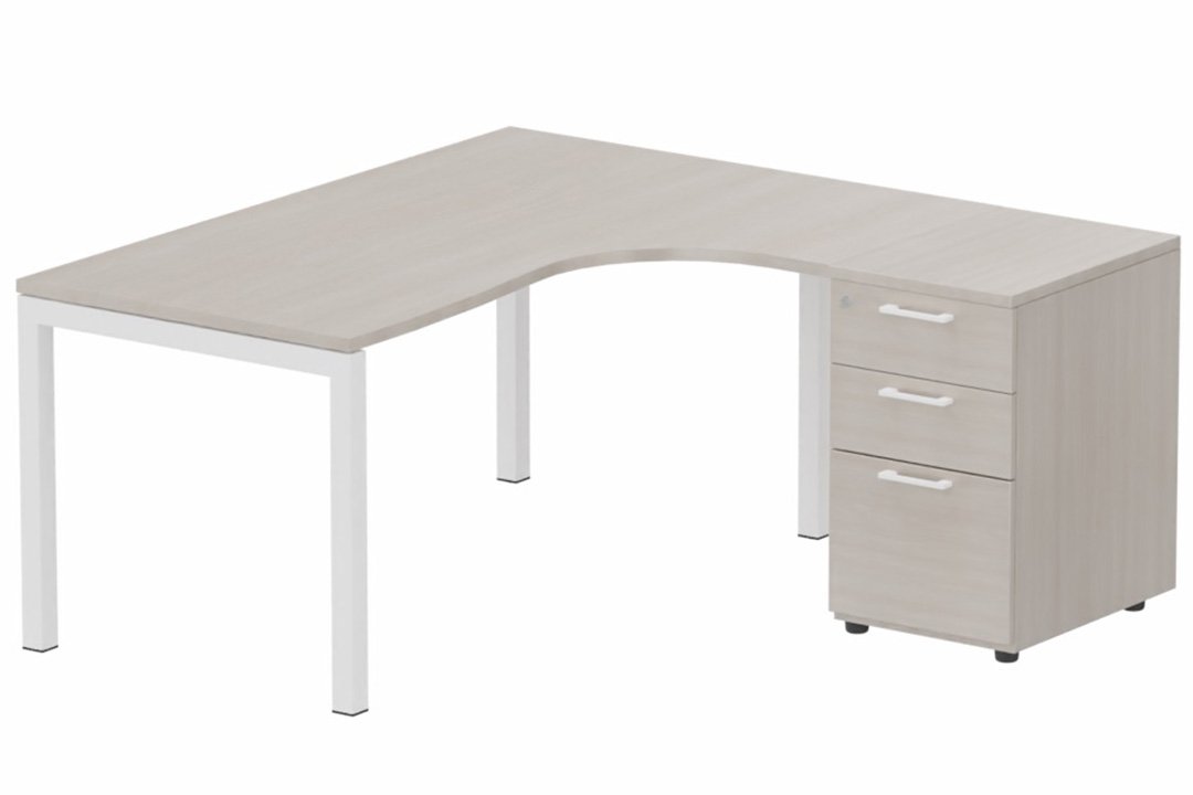 Plan Compact 90° asymétrique 160x162x80/60cm retour à droite avec caisson HB bois 3 tiroirs, plateau acacia, structure blanc