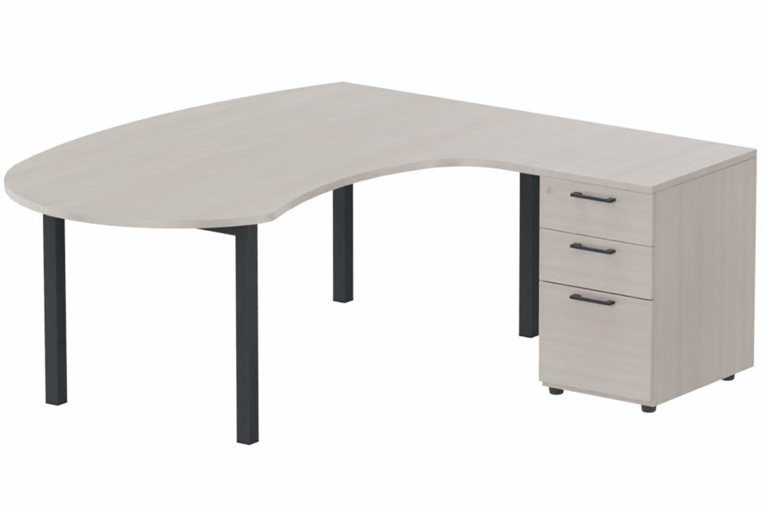 K3 compact 90° manager 190x141x104x60cm sur caisson HB mélamine 3 tiroirs, plateau acacia, structure anthracite