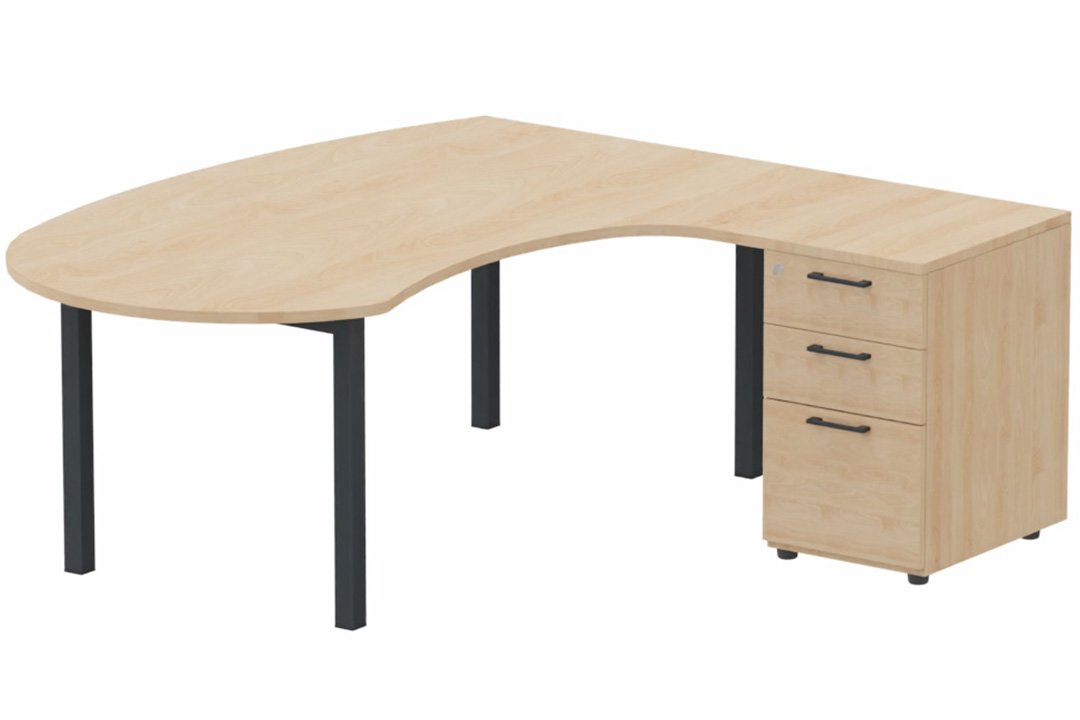 K3 compact 90° manager 190x141x104x60cm sur caisson HB mélamine 3 tiroirs, plateau hêtre, structure anthracite