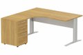 K1 Voile de fond Métal - Plan compact 90° asymétrique 160x162x80/60cm avec caisson HB bois 3 tiroirs - retour à gauche -Finitions : PLATEAUX: NOYER (NO) / PIETEMENTS: ALUMINIUM (AL) / CAISSONS MELAMINE: NOYER (NO)