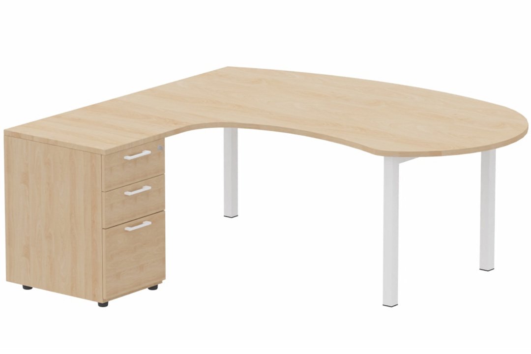 K3 compact 90° manager 190x141x104x60cm sur caisson HB mélamine 3 tiroirs, plateau hêtre, structure blanc