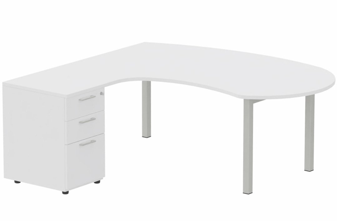 K3 compact 90° manager 190x141x104x60cm sur caisson HB mélamine 3 tiroirs, plateau blanc, structure aluminium