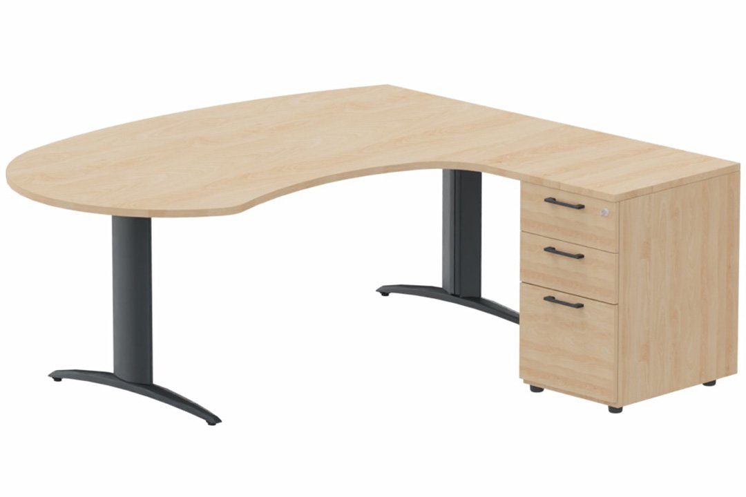 K2 compact 90° manager 190x141x104x60cm sur caisson HB mélamine 3 tiroirs, plateau hêtre, structure anthracite