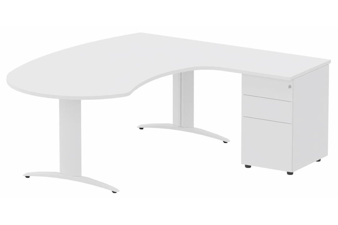 K2 compact 90° manager 190x141x104x60cm sur caisson HB métal 3 tiroirs, plateau blanc, structure blanc
