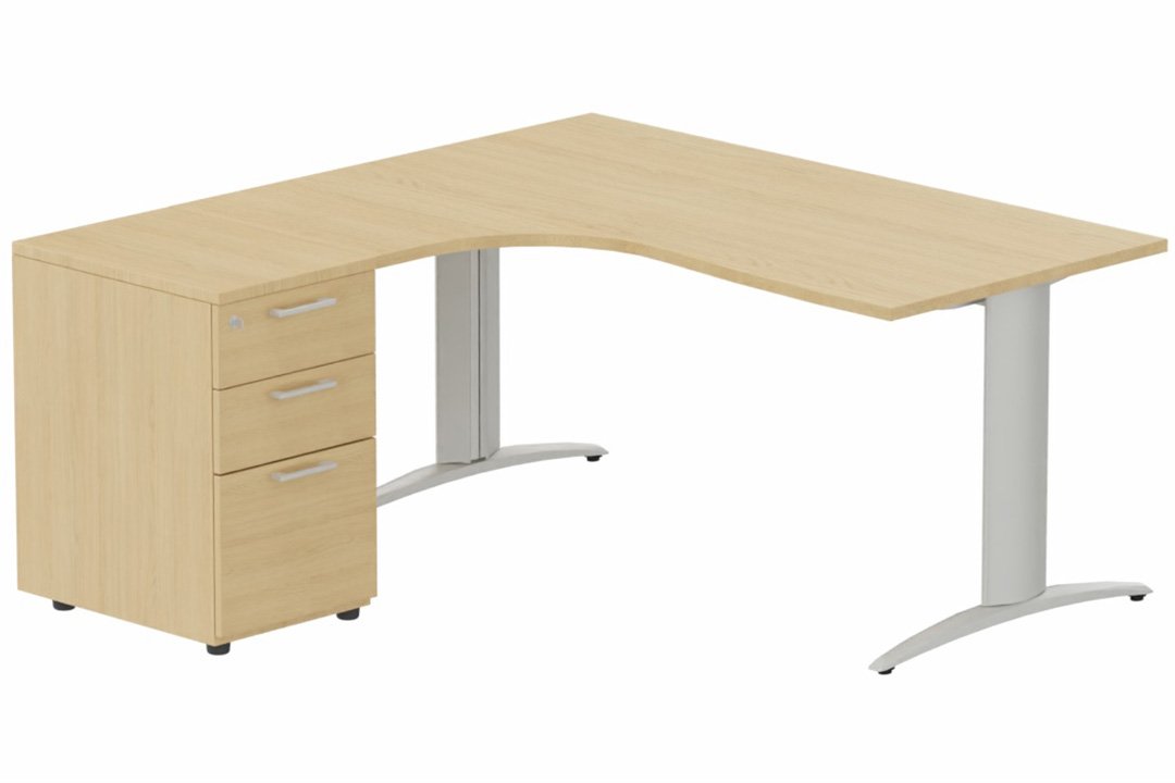 K2 Compact 90° asymétrique 160x162x80/60cm retour à gauche avec caisson HB bois 3 tiroirs chêne egger/aluminium