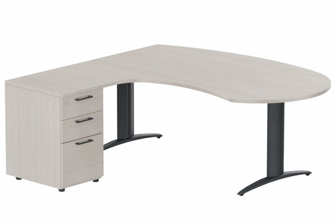 K2 compact 90° manager 190x141x104x60cm sur caisson HB mélamine 3 tiroirs, plateau acacia, structure anthracite