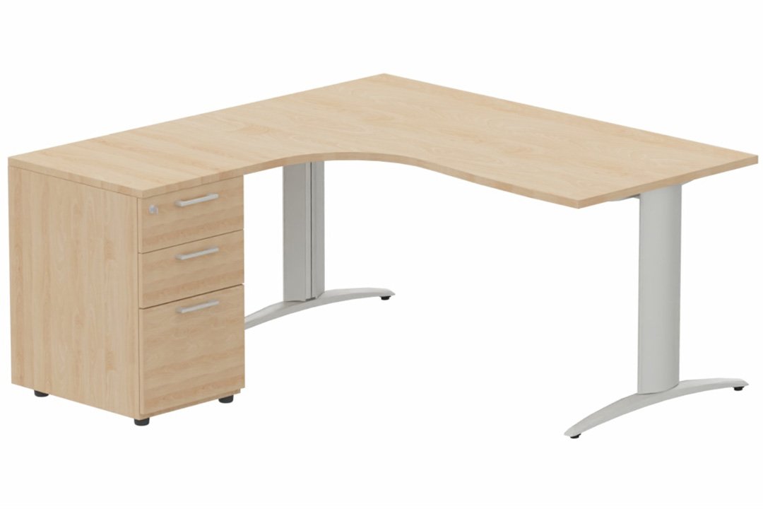 Plan Compact 90° asymétrique 180x162x80/60cm retour à gauche avec caisson HB bois 3 tiroirs hêtre/aluminium