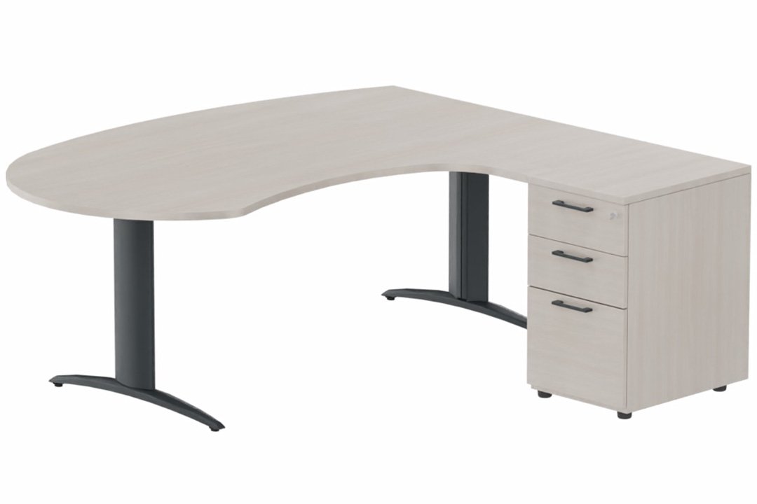 K2 compact 90° manager 190x141x104x60cm sur caisson HB mélamine 3 tiroirs, plateau acacia, structure anthracite