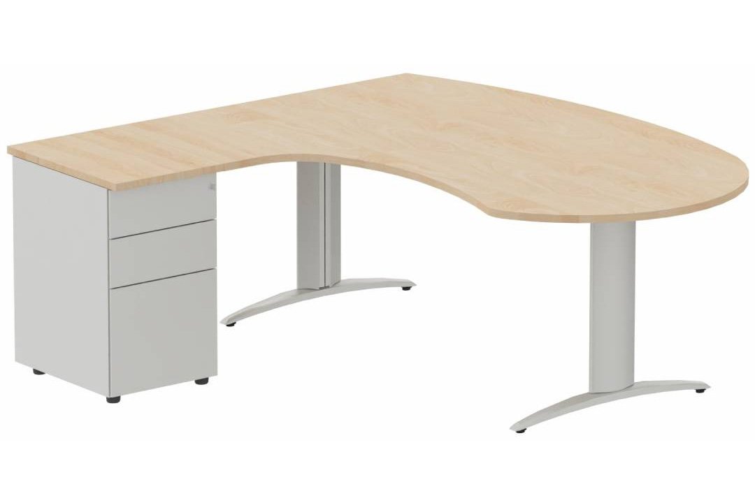 K2 compact 90° manager 190x141x104x60cm sur caisson HB métal 3 tiroirs, plateau hêtre, structure aluminium