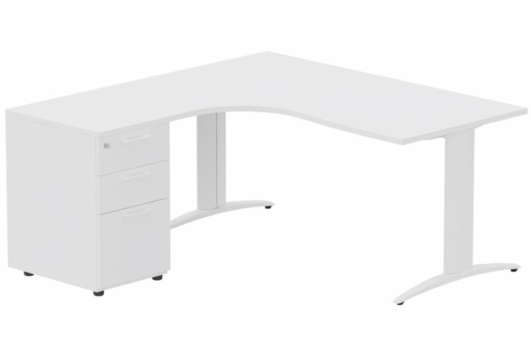 Plan Compact 90° asymétrique 180x162x80/60cm retour à gauche avec caisson HB bois 3 tiroirs blanc/blanc - sur délai
