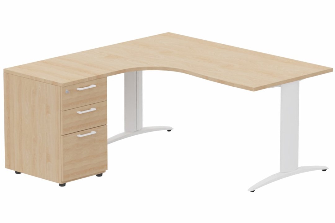 Plan Compact 90° asymétrique 180x162x80/60cm retour à gauche avec caisson HB bois 3 tiroirs hêtre/blanc