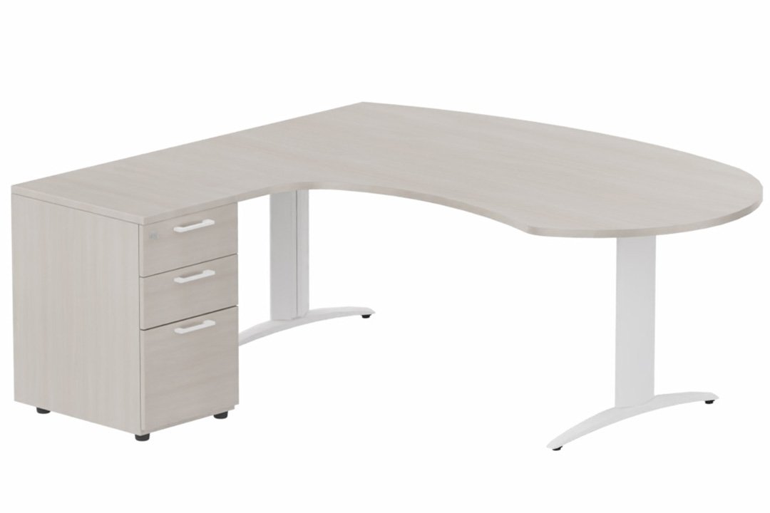 K2 compact 90° manager 190x141x104x60cm sur caisson HB mélamine 3 tiroirs, plateau acacia, structure blanc