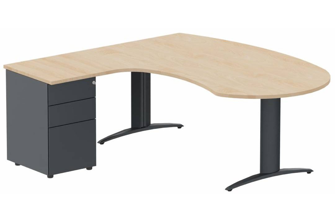 K2 compact 90° manager 190x141x104x60cm sur caisson HB métal 3 tiroirs, plateau hêtre, structure anthracite