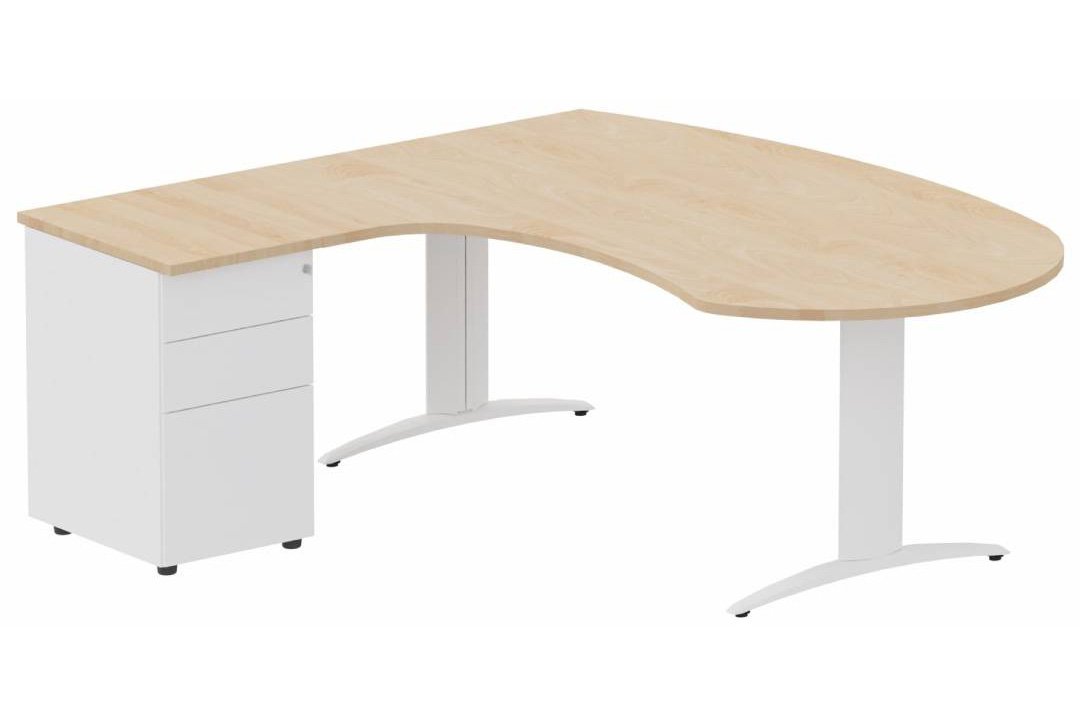 K2 compact 90° manager 190x141x104x60cm sur caisson HB métal 3 tiroirs, plateau hêtre, structure blanc