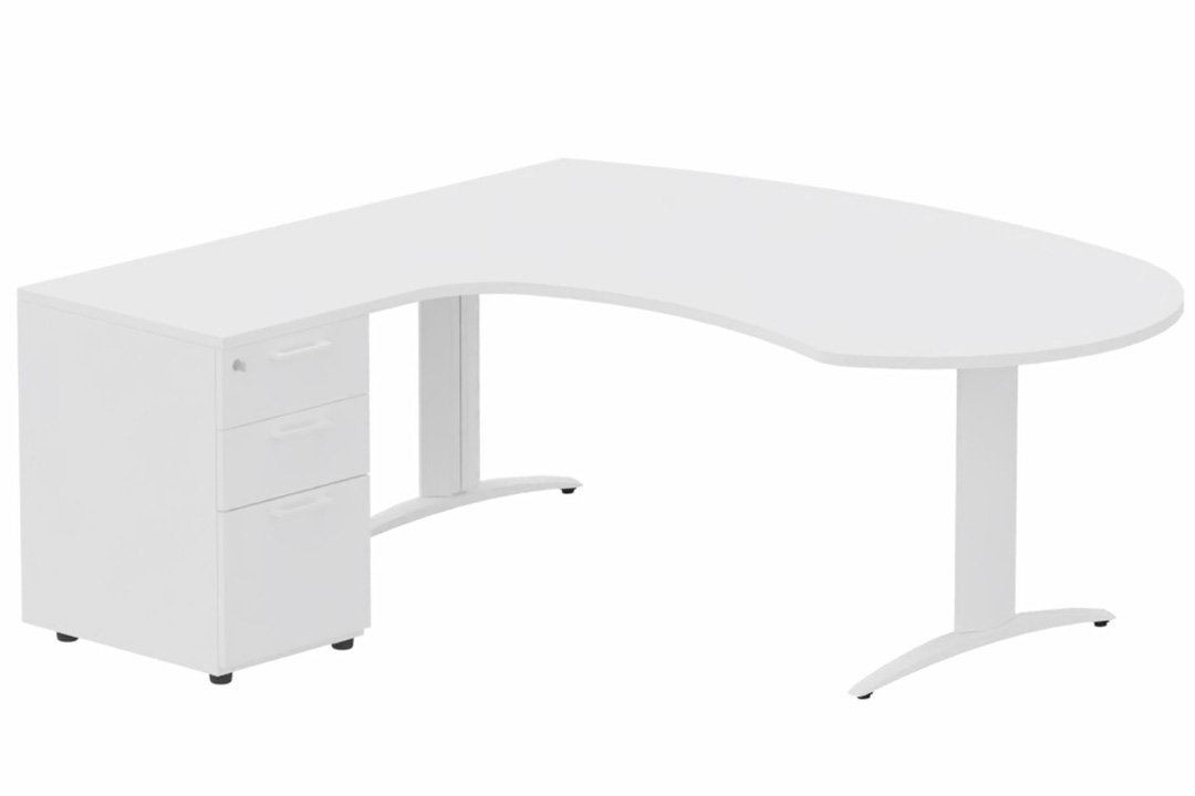 K2 compact 90° manager 190x141x104x60cm sur caisson HB mélamine 3 tiroirs, plateau blanc, structure blanc
