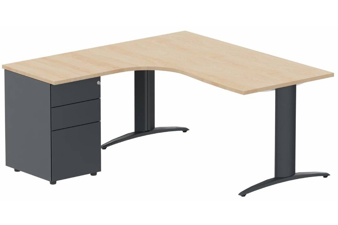 Plan Compact 90° asymétrique 160x162x80/60cm retour à gauche avec caisson HB métal 3 tiroirs hêtre/anthracite