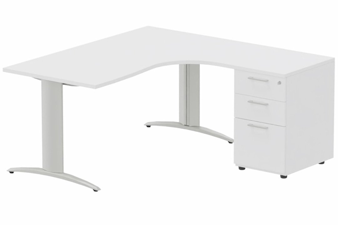 Plan Compact 90° asymétrique 180x162x80/60cm retour à droite avec caisson HB bois 3 tiroirs blanc/aluminium - sur délai