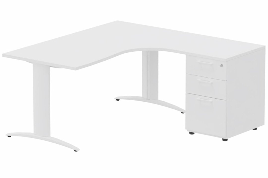 Plan Compact 90° asymétrique 180x162x80/60cm retour à droite avec caisson HB bois 3 tiroirs blanc/blanc - sur délai
