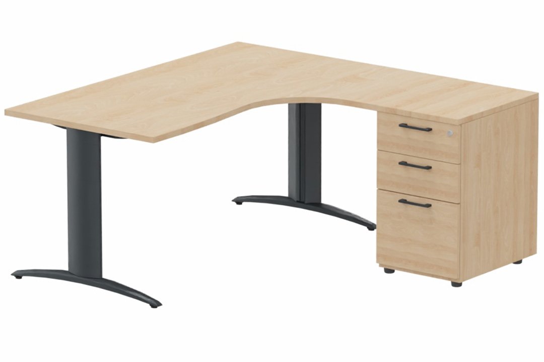Plan Compact 90° asymétrique 180x162x80/60cm retour à droite avec caisson HB bois 3 tiroirs hêtre/anthracite