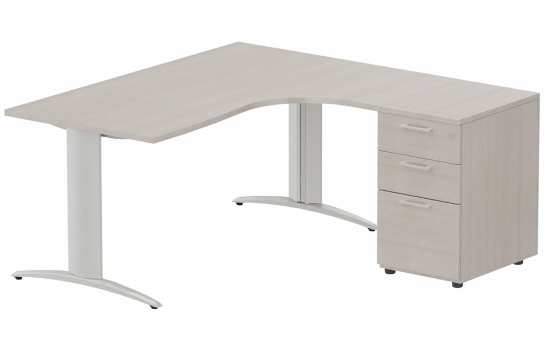 Plan Compact 90° asymétrique 180x162x80/60cm retour à droite avec caisson HB bois 3 tiroirs, acacia/aluminium