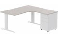 k1 Poutre - Plan compact 90° asymétrique 180x162x80 / 60cm avec caisson HB métal 3 tiroirs - retour à droite -Finitions : PLATEAUX: ACACIA (AK) / PIETEMENTS: BLANC (BL) / CAISSONS METALLIQUES: BLANC (BL)
