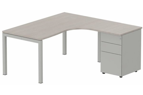 Gamme K3 - Plans compacts - Plan Compact 90° asymétrique 180x162x80/60cm retour à droite avec caisson HB métal 3 tiroirs, acacia/aluminium