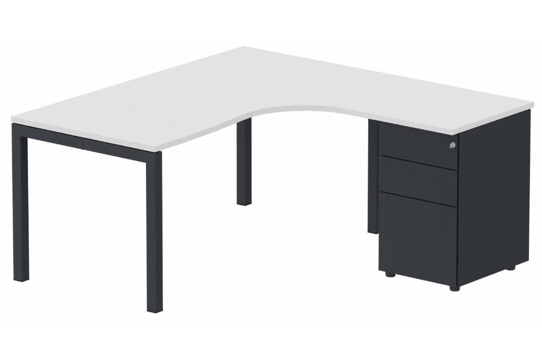Plan Compact 90° asymétrique 180x162x80/60cm retour à droite avec caisson HB métal 3 tiroirs blanc/ anthracite - sur délai