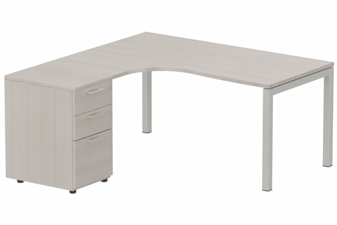 Plan Compact 90° asymétrique 160x162x80/60cm retour à gauche avec caisson HB bois 3 tiroirs, acacia/aluminium