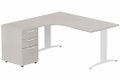 Plan Compact 90° asymétrique 180x162x80/60cm retour à gauche avec caisson HB bois 3 tiroirs, plateau acacia, structure blanc