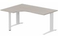 Plan compact 90° asymétrique, structure poutre, 180x120x80/60cm retour à gauche sur pied de soutien, acacia/blanc