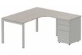 Plan Compact 90° asymétrique 180x162x80/60cm retour à droite avec caisson HB métal 3 tiroirs, acacia/aluminium